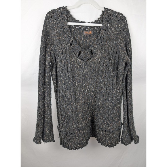 Tivoli Wool Black Gray Crochet Lace V Neck Sweater L Whimsigoth Grunge Goblin - Picture 2 of 9